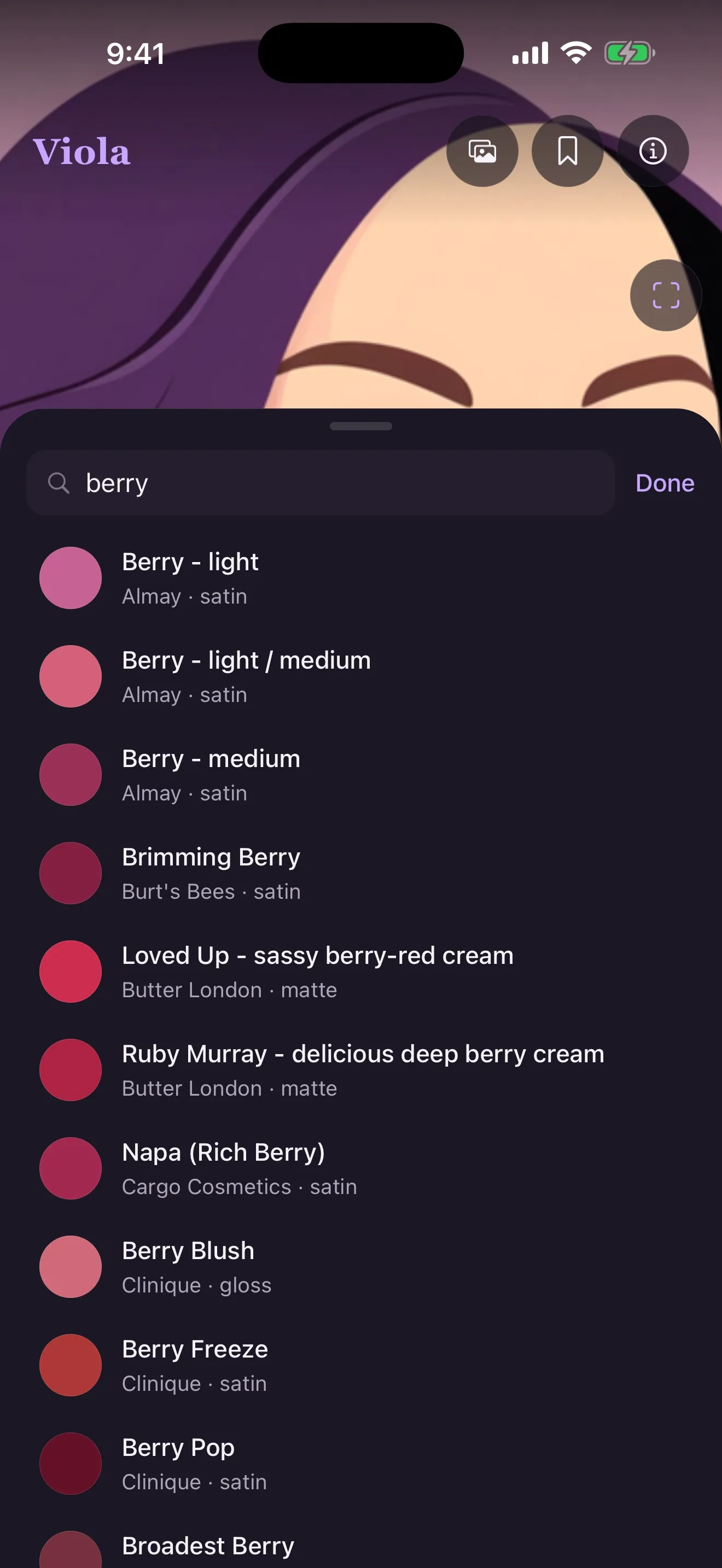 Viola shade search: results for “berry” across real brands