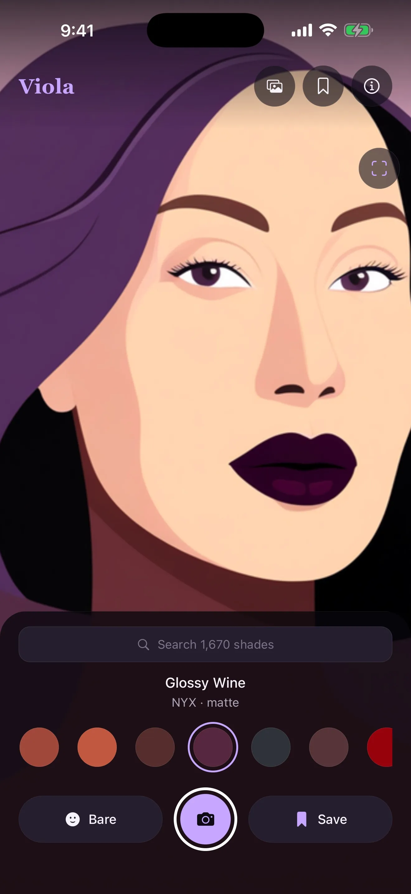 Viola try-on screen: Glossy Wine rendered live on the lips